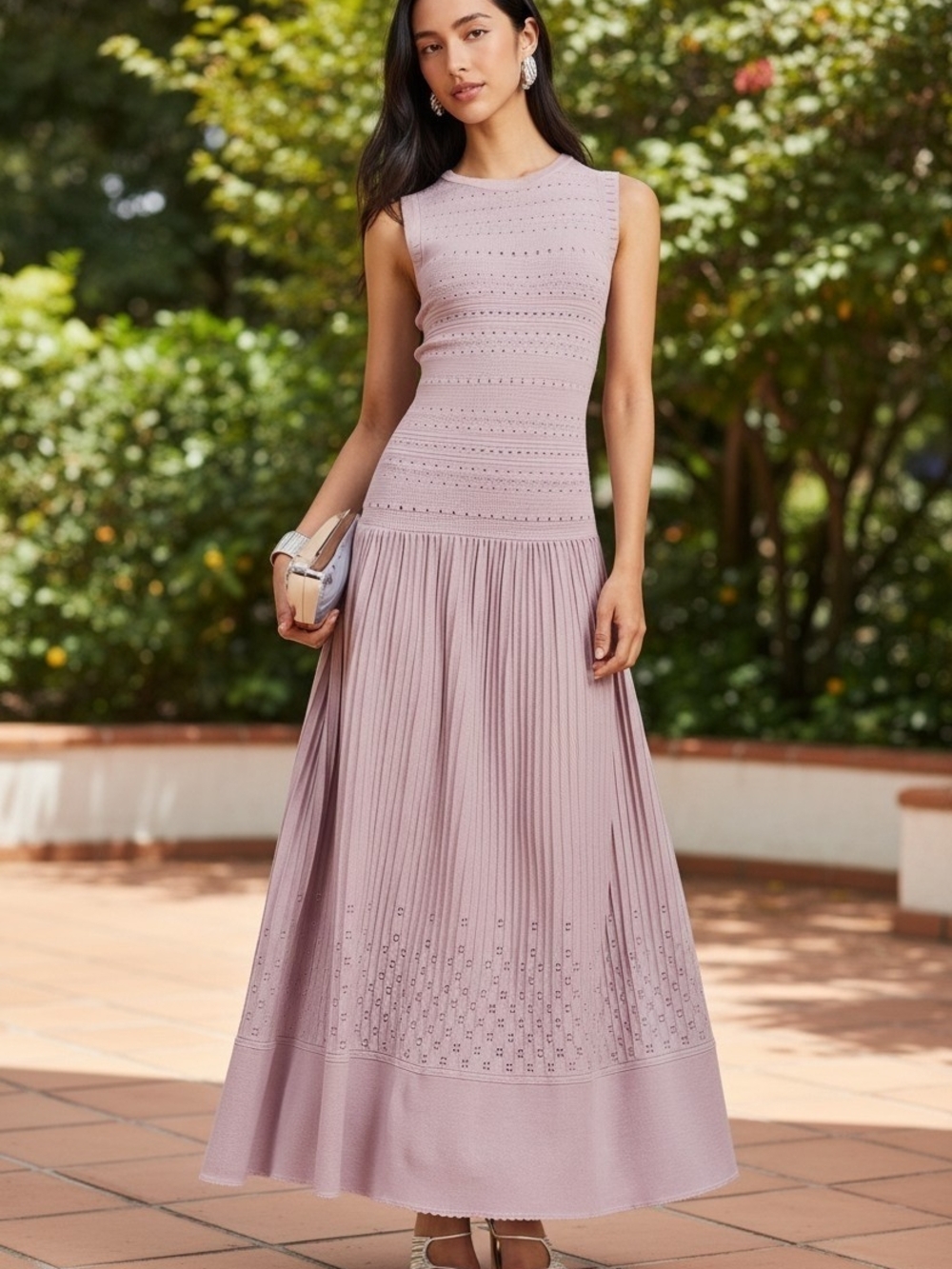Commense Mauve Eyelet Knit Sleeveless Pleated Maxi Dress